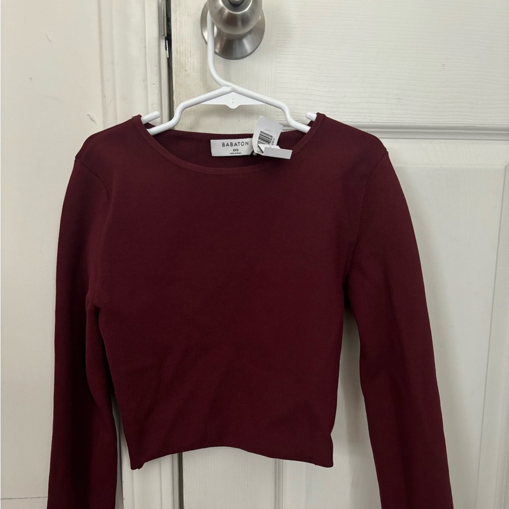 Aritzia Babaton Sculpt Knit Forefront Cropped Long Sleeve Top In Burgundy Maroon